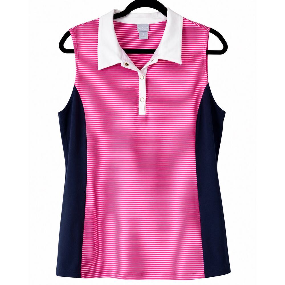 Chicos Zenergy Womens Size 2 Large 12 14 Pink Stripe Golf Tennis Sleeveless Polo